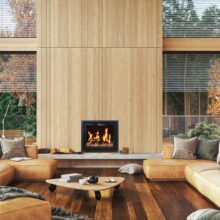 Modern,Interior,With,Fireplace,In,House,Near,Forest,,3d,Render