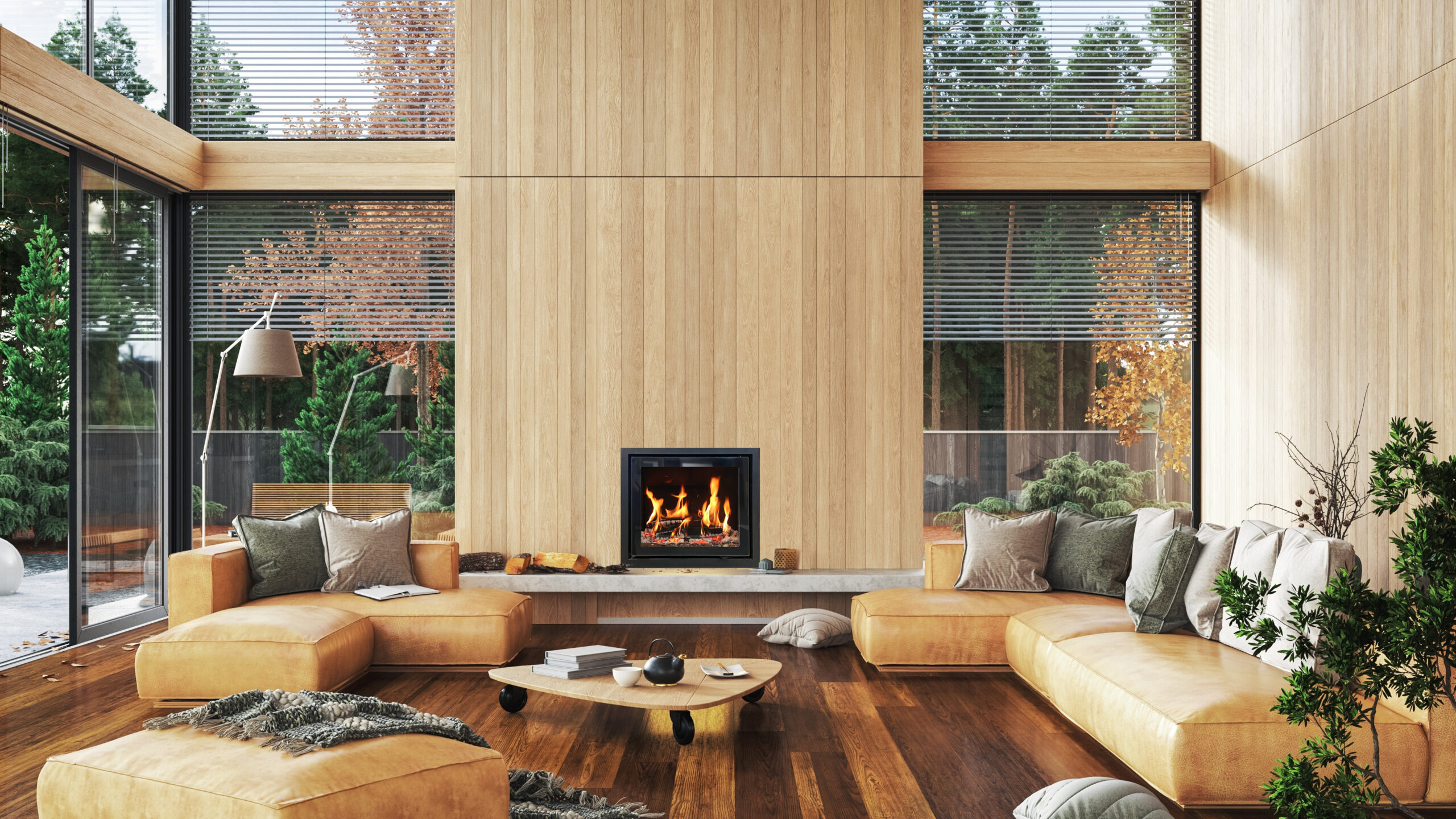 Modern,Interior,With,Fireplace,In,House,Near,Forest,,3d,Render